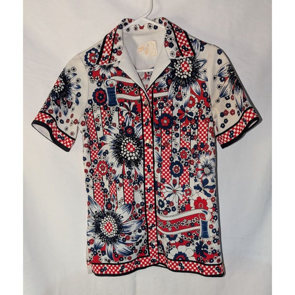 Vtg 70s Hamilton 8 Dallas Sewing Thread Novelty Print Shirt Sunflower Red M